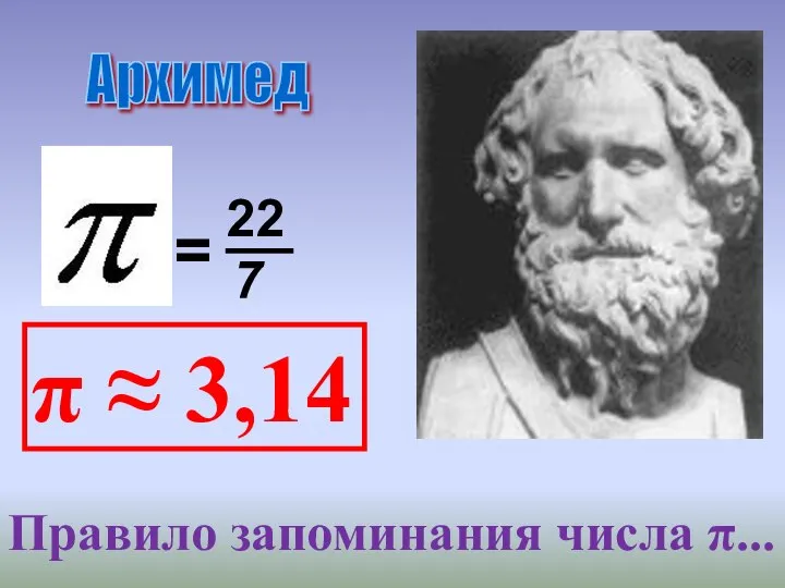 = 22 7 π ≈ 3,14 Архимед Правило запоминания числа π...