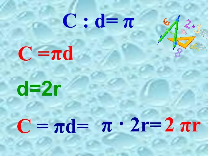 C : d= π C = C = πd= π · 2r= 2 πr πd d=2r