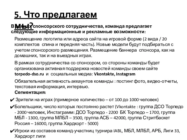 В рамках спонсорского сотрудничества, команда предлагает следующие информационные и рекламные возможности: