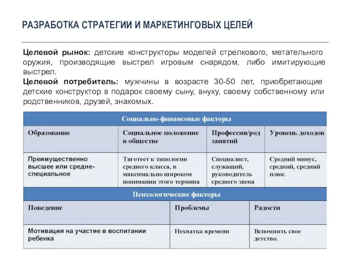 РАЗРАБОТКА СТРАТЕГИИ И МАРКЕТИНГОВЫХ ЦЕЛЕЙ Целевой рынок: детские конструкторы моделей стрелкового,