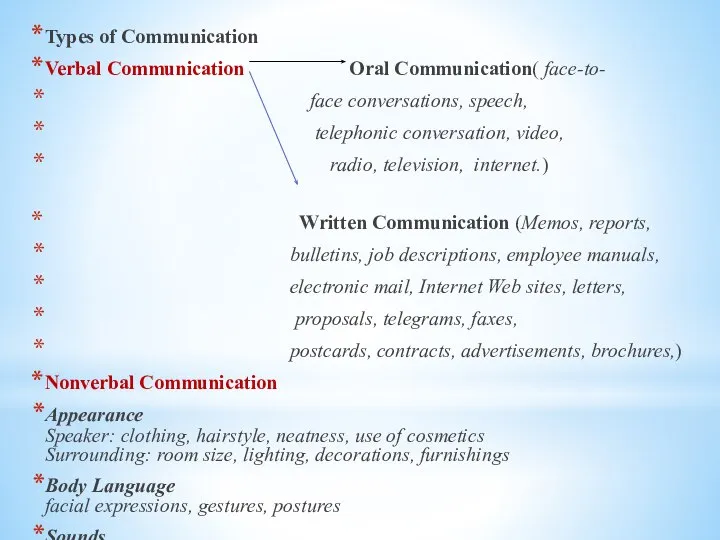 Types of Communication Verbal Communication Oral Communication( face-to- face conversations, speech,