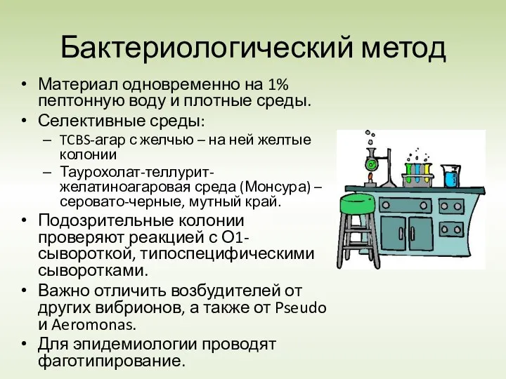 Бактериологический метод Материал одновременно на 1% пептонную воду и плотные среды.