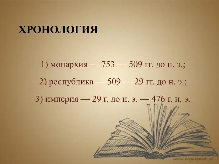 ХРОНОЛОГИЯ 1) монархия — 753 — 509 гг. до н. э.;