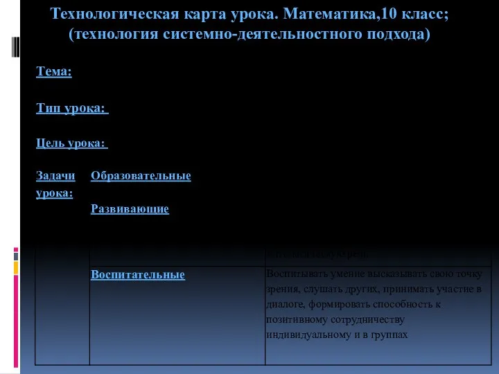 Технологическая карта урока. Математика,10 класс; (технология системно-деятельностного подхода)