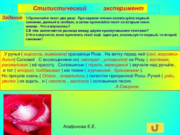 Агафонова Е.Е. Стилистический эксперимент Задание : 1.Прочитайте текст два раза. При