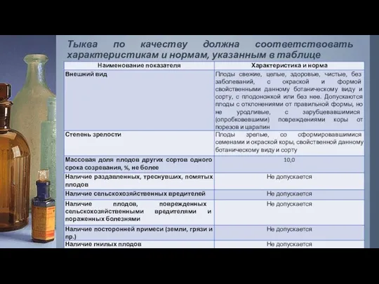 Тыква по качеству должна соответствовать характеристикам и нормам, указанным в таблице