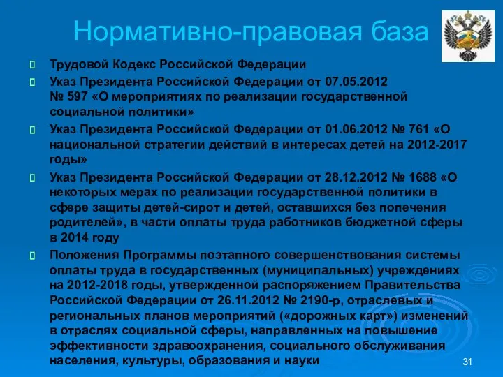 Нормативно-правовая база Трудовой Кодекс Российской Федерации Указ Президента Российской Федерации от