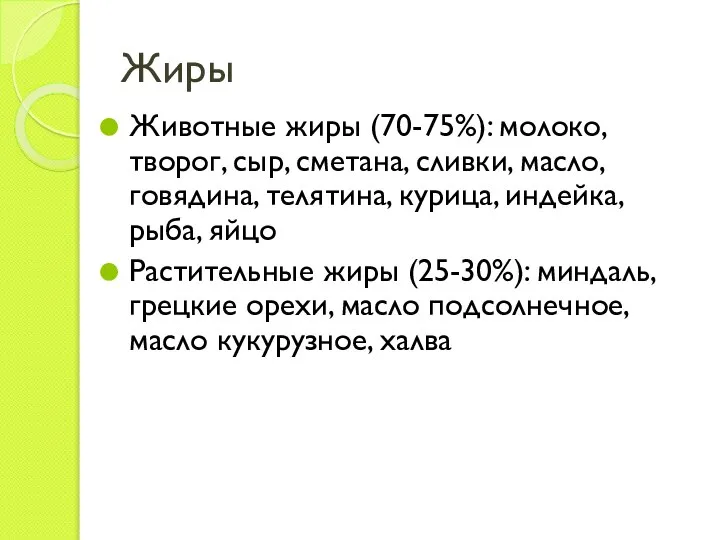 Жиры Животные жиры (70-75%): молоко, творог, сыр, сметана, сливки, масло, говядина,