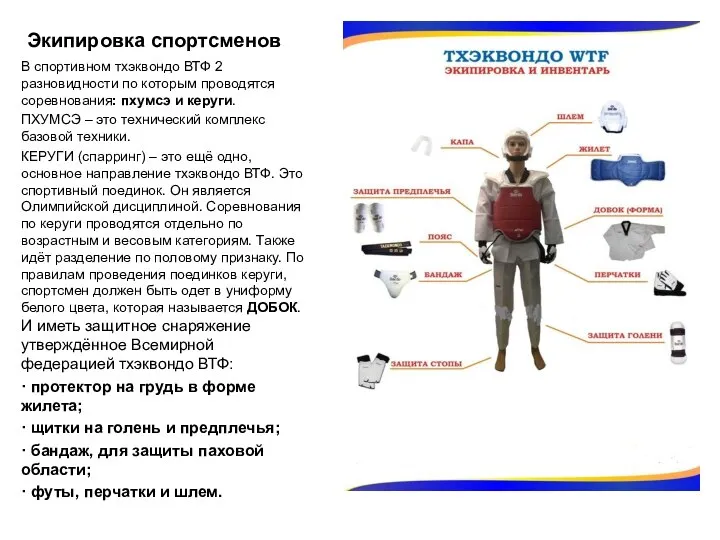 Экипировка спортсменов В спортивном тхэквондо ВТФ 2 разновидности по которым проводятся