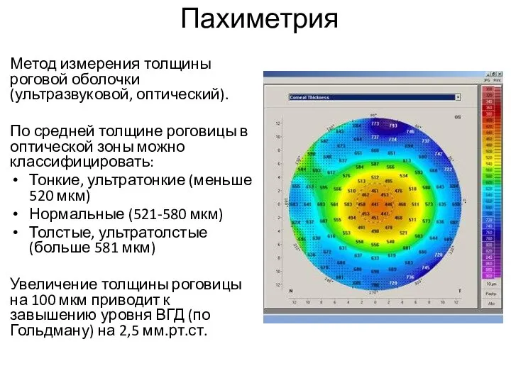 Пахиметрия Метод измерения толщины роговой оболочки (ультразвуковой, оптический). По средней толщине