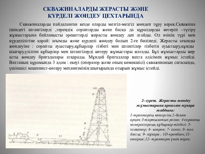 СКВАЖИНАЛАРДЫ ЖЕРАСТЫ ЖӘНЕ КҮРДЕЛІ ЖӨНДЕУ ЦЕХТАРЫНДА Скважиналарды пайдаланған кезде оларды мезгіл-мезгіл