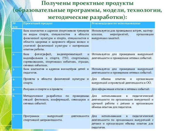 Получены проектные продукты (образовательные программы, модели, технологии, методические разработки):