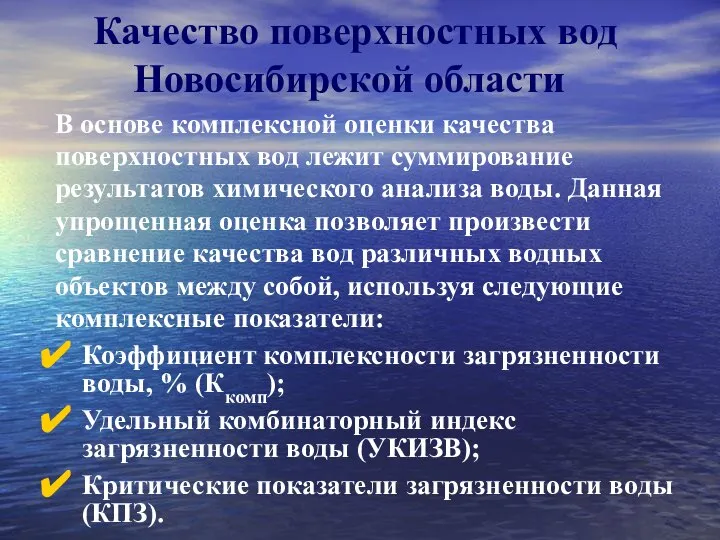Качество поверхностных вод Новосибирской области В основе комплексной оценки качества поверхностных