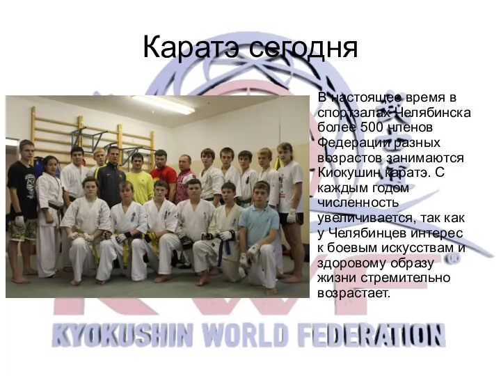 Каратэ сегодня В настоящее время в спортзалах Челябинска более 500 членов