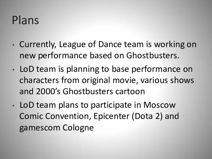 Plans Currently, League of Dance team is working on new performance