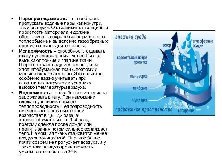 Паропроницаемость -- способность пропускать водяные пары как изнутри, так и снаружи.