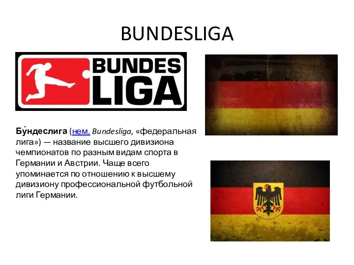 BUNDESLIGA Бу́ндеслига (нем. Bundesliga, «федеральная лига») — название высшего дивизиона чемпионатов