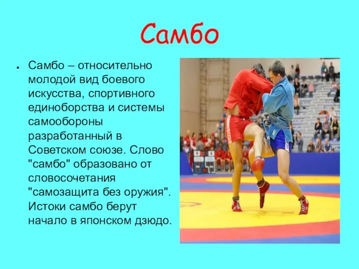 Самбо Самбо – относительно молодой вид боевого искусства, спортивного единоборства и