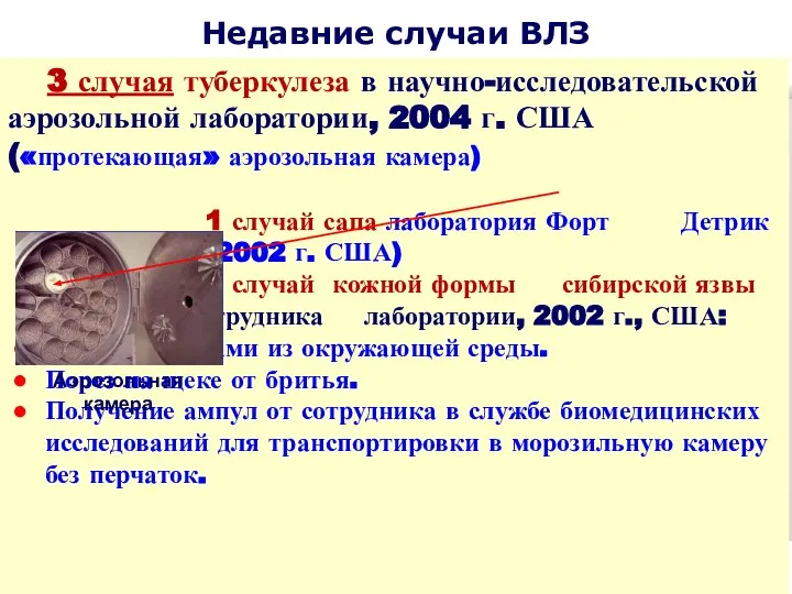 Недавние случаи ВЛЗ 3 случая туберкулеза в научно-исследовательской аэрозольной лаборатории, 2004