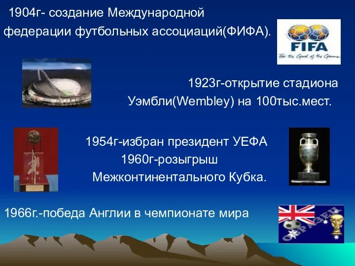 1904г- создание Международной федерации футбольных ассоциаций(ФИФА). 1923г-открытие стадиона Уэмбли(Wembley) на 100тыс.мест.