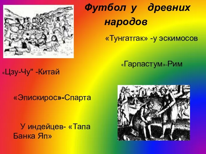 Футбол у древних народов «Эпискирос»-Спарта «Гарпастум»-Рим У индейцев- «Тапа Банка Яп» «Тунгатгак» -у эскимосов «Цзу-Чу" -Китай