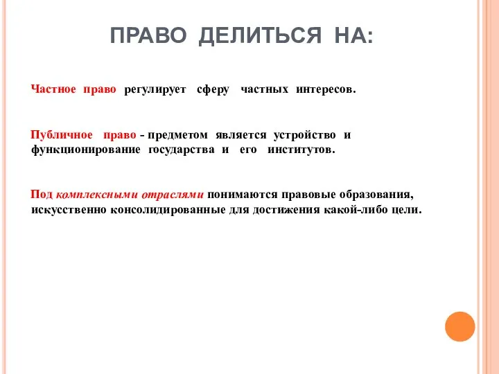 ПРАВО ДЕЛИТЬСЯ НА: Частное право регулирует сферу частных интересов. Публичное право