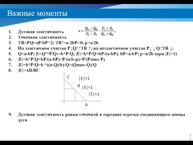 Важные моменты Дуговая эластичность Точечная эластичность TR=PQ=aP-bP^2; TR’=a-2bP=0; p=a/2b На эластичном