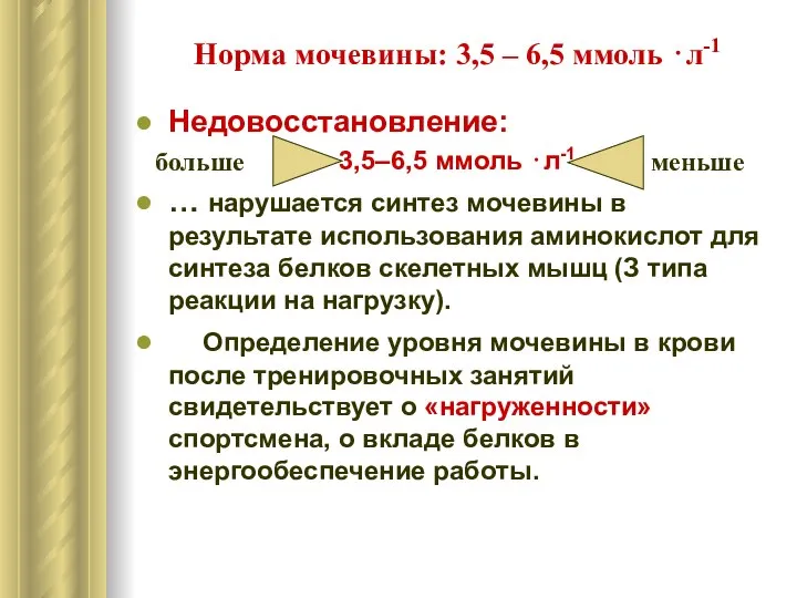 Норма мочевины: 3,5 – 6,5 ммоль ⋅л-1 Недовосстановление: 3,5–6,5 ммоль ⋅л-1