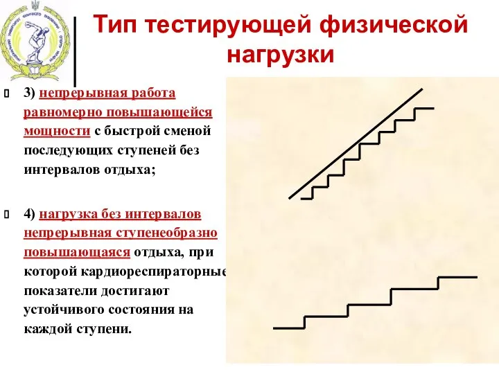 Тип тестирующей физической нагрузки 3) непрерывная работа равномерно повышающейся мощности с