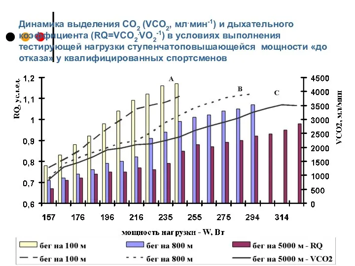 Динамика выделения СО2 (VCO2, мл.мин-1) и дыхательного коэффициента (RQ=VCO2.VO2-1) в условиях