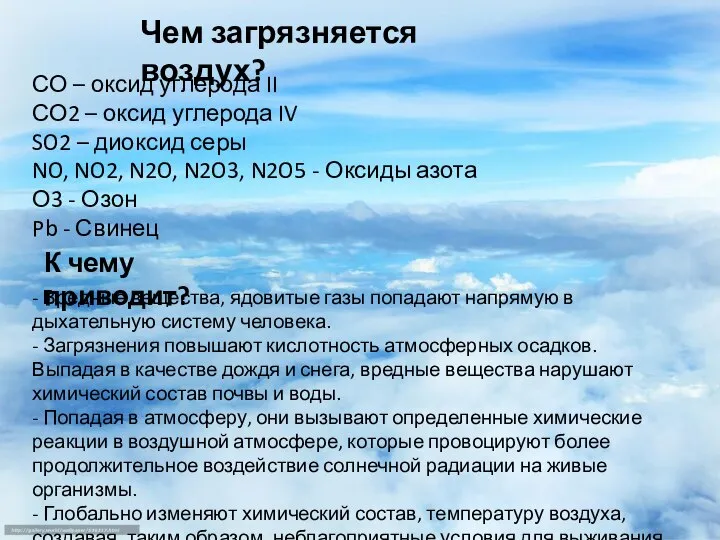 Чем загрязняется воздух? СО – оксид углерода II СО2 – оксид