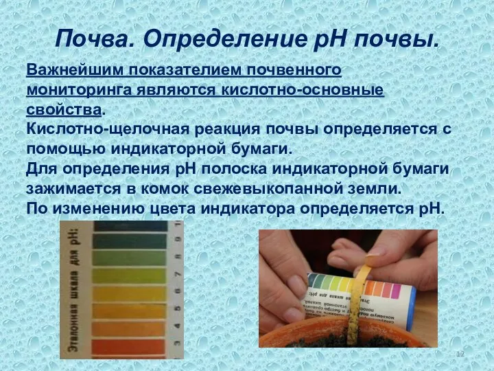 Почва. Определение рН почвы. Важнейшим показателием почвенного мониторинга являются кислотно-основные свойства.