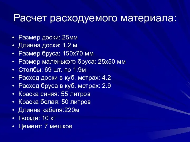 Расчет расходуемого материала: Размер доски: 25мм Длинна доски: 1.2 м Размер