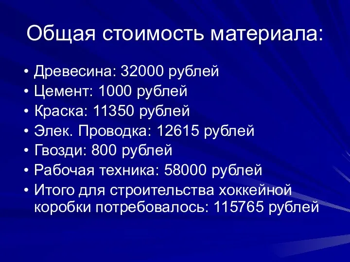 Общая стоимость материала: Древесина: 32000 рублей Цемент: 1000 рублей Краска: 11350