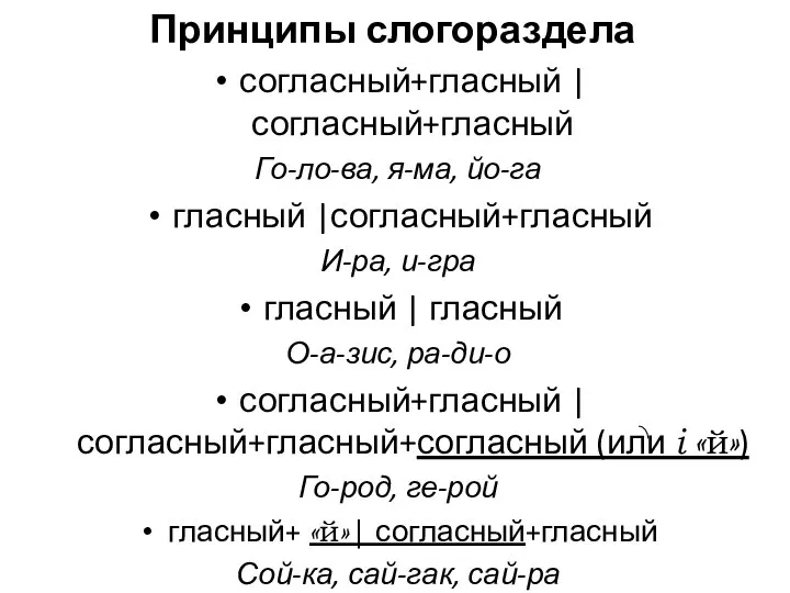 Принципы слогораздела согласный+гласный | согласный+гласный Го-ло-ва, я-ма, йо-га гласный |согласный+гласный И-ра,