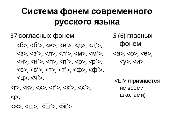 Система фонем современного русского языка 37 согласных фонем , , ,