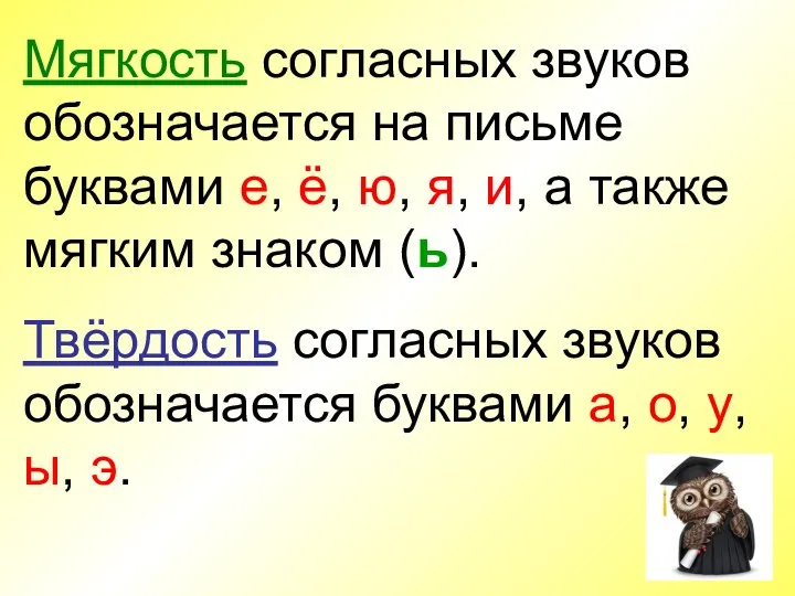 Мягкость согласных звуков обозначается на письме буквами е, ё, ю, я,