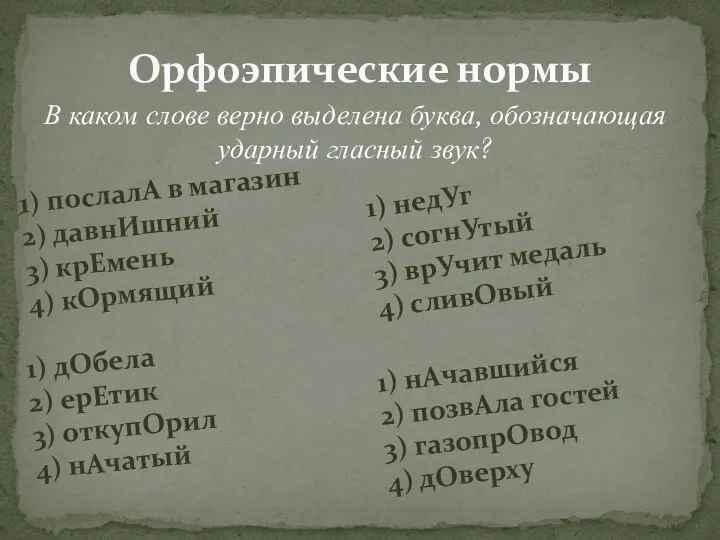 Орфоэпические нормы В каком слове верно выделена буква, обозначающая ударный гласный