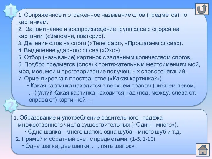 1. Сопряженное и отраженное называние слов (предметов) по картинкам. 2. Запоминание