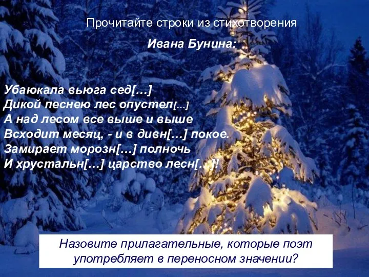 Прочитайте строки из стихотворения Ивана Бунина: Убаюкала вьюга сед[…] Дикой песнею