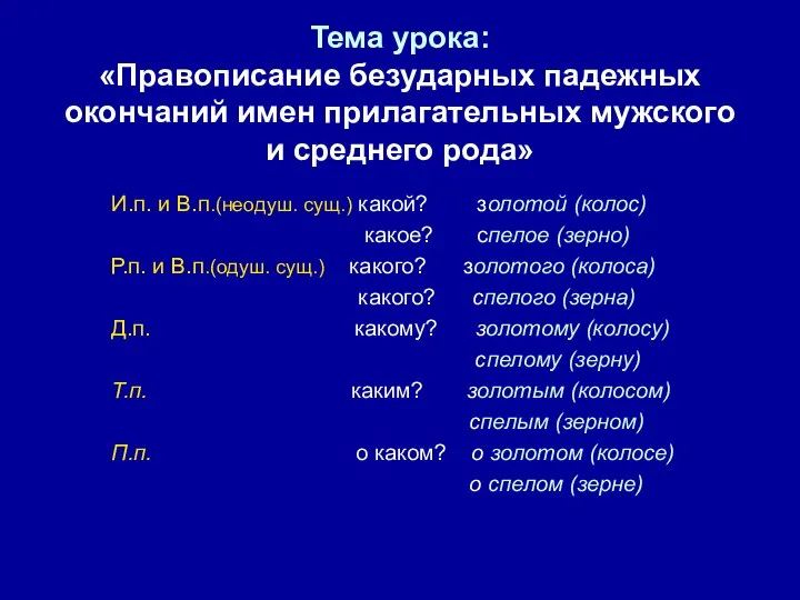 Тема урока: «Правописание безударных падежных окончаний имен прилагательных мужского и среднего