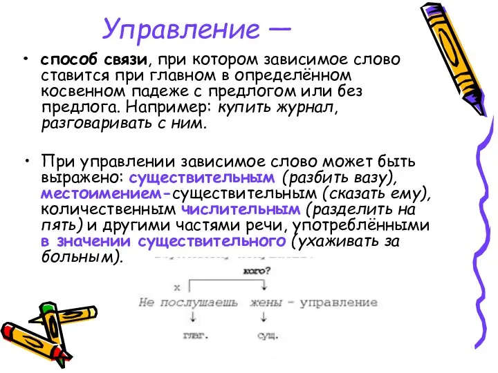 Управление — способ связи, при котором зависимое слово ставится при главном