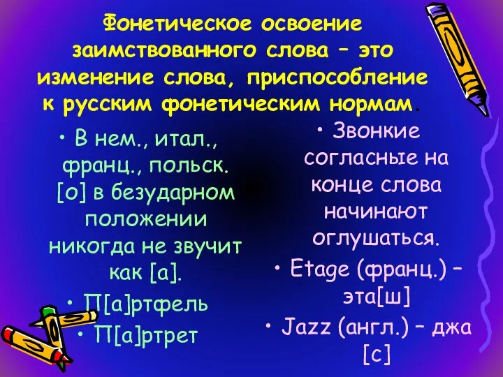 Фонетическое освоение заимствованного слова – это изменение слова, приспособление к русским