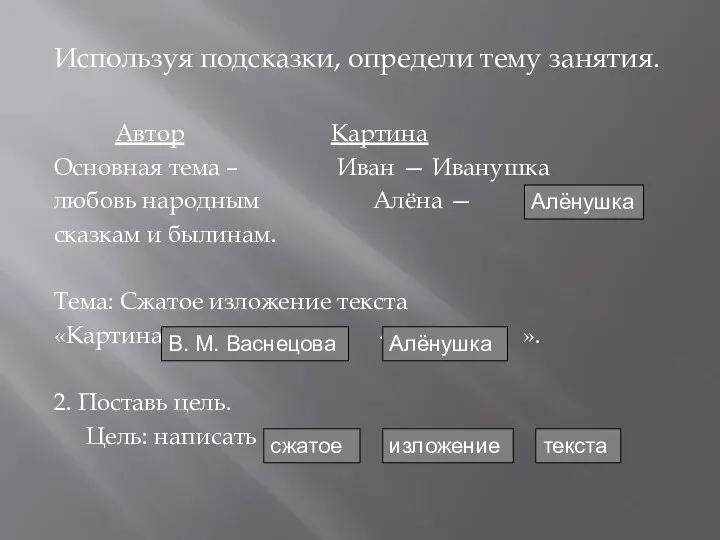 Используя подсказки, определи тему занятия. Автор Картина Основная тема – Иван