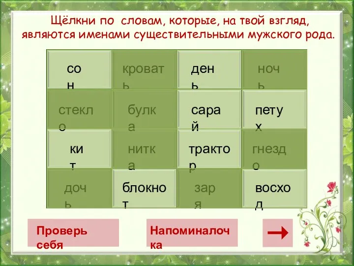 Щёлкни по словам, которые, на твой взгляд, являются именами существительными мужского