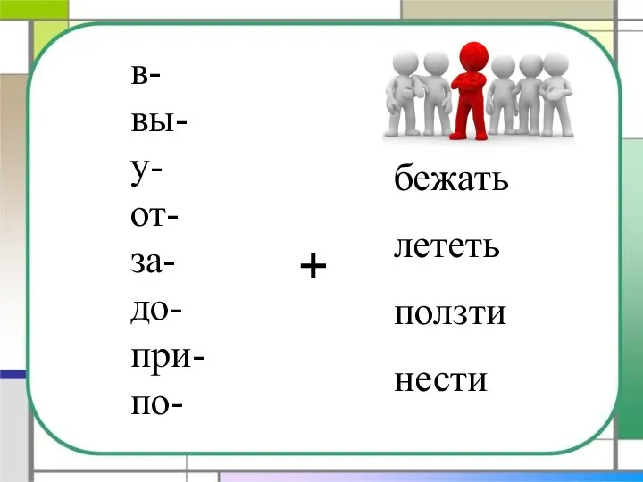 бежать лететь ползти нести + в- вы- у- от- за- до- при-по-