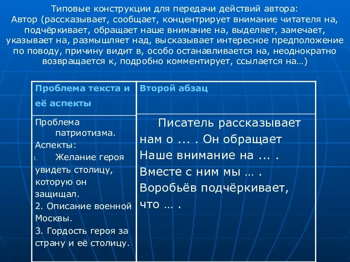 Типовые конструкции для передачи действий автора: Автор (рассказывает, сообщает, концентрирует внимание