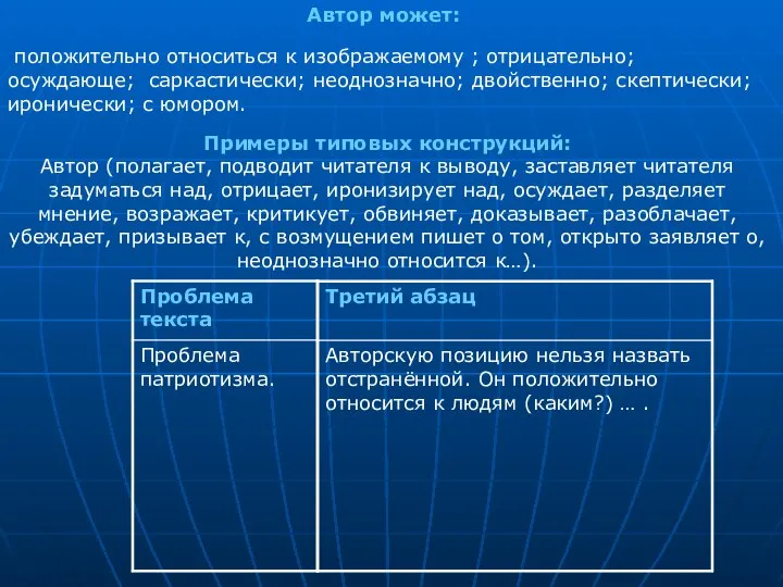 положительно относиться к изображаемому ; отрицательно; осуждающе; саркастически; неоднозначно; двойственно; скептически;