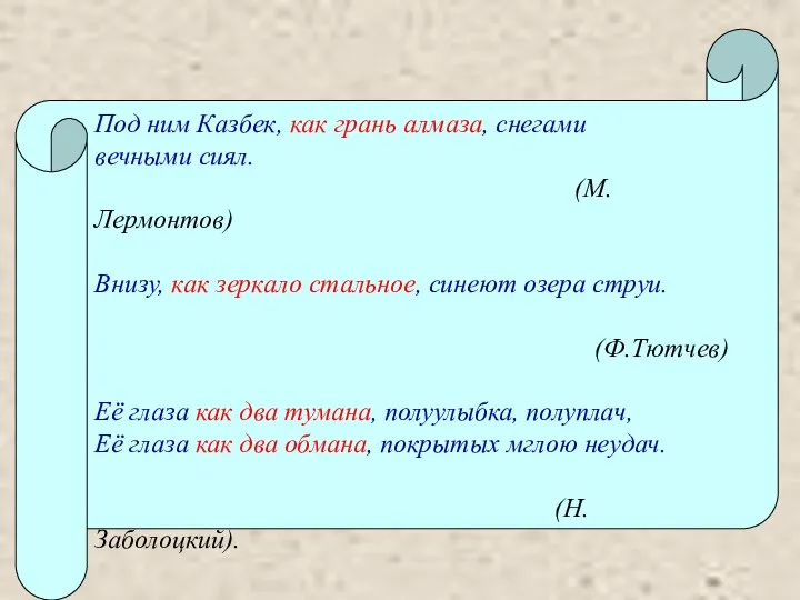 Под ним Казбек, как грань алмаза, снегами вечными сиял. (М.Лермонтов) Внизу,