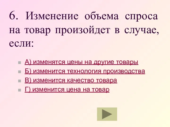 6. Изменение объема спроса на товар произойдет в случае, если: А)